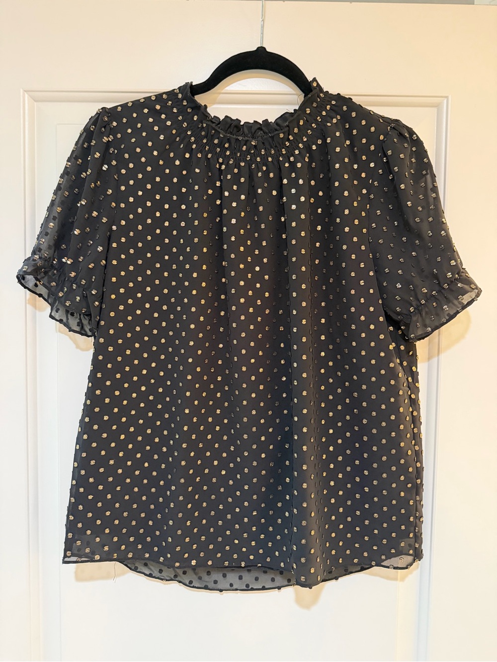 J. Crew Black Blouse with Gold Polka Dots and Puff Sleeves